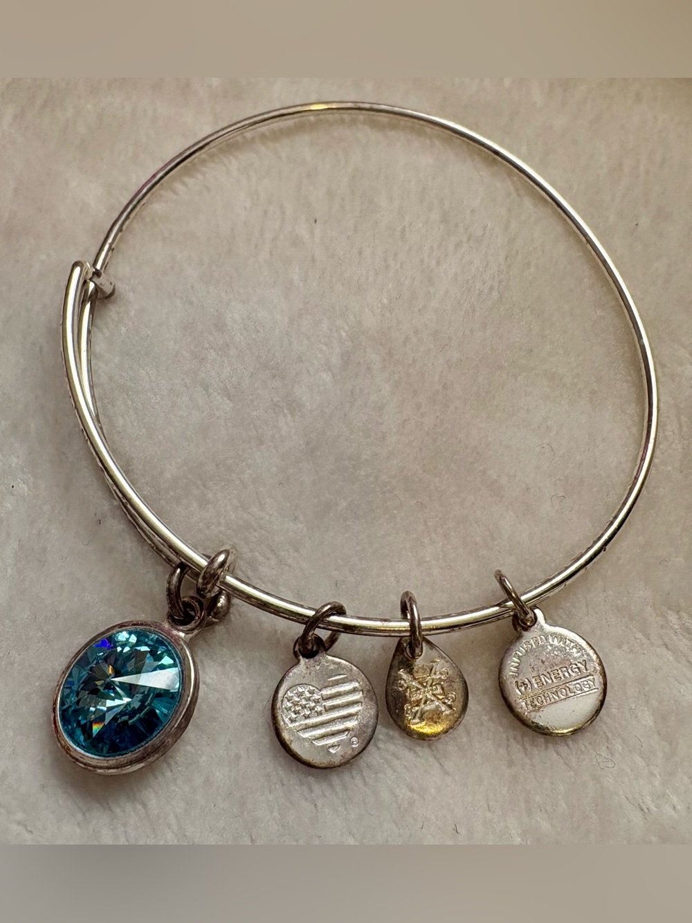 Alex and Ani Silver-Tone Bangle with Blue Crystal and Multi-Disc Charms